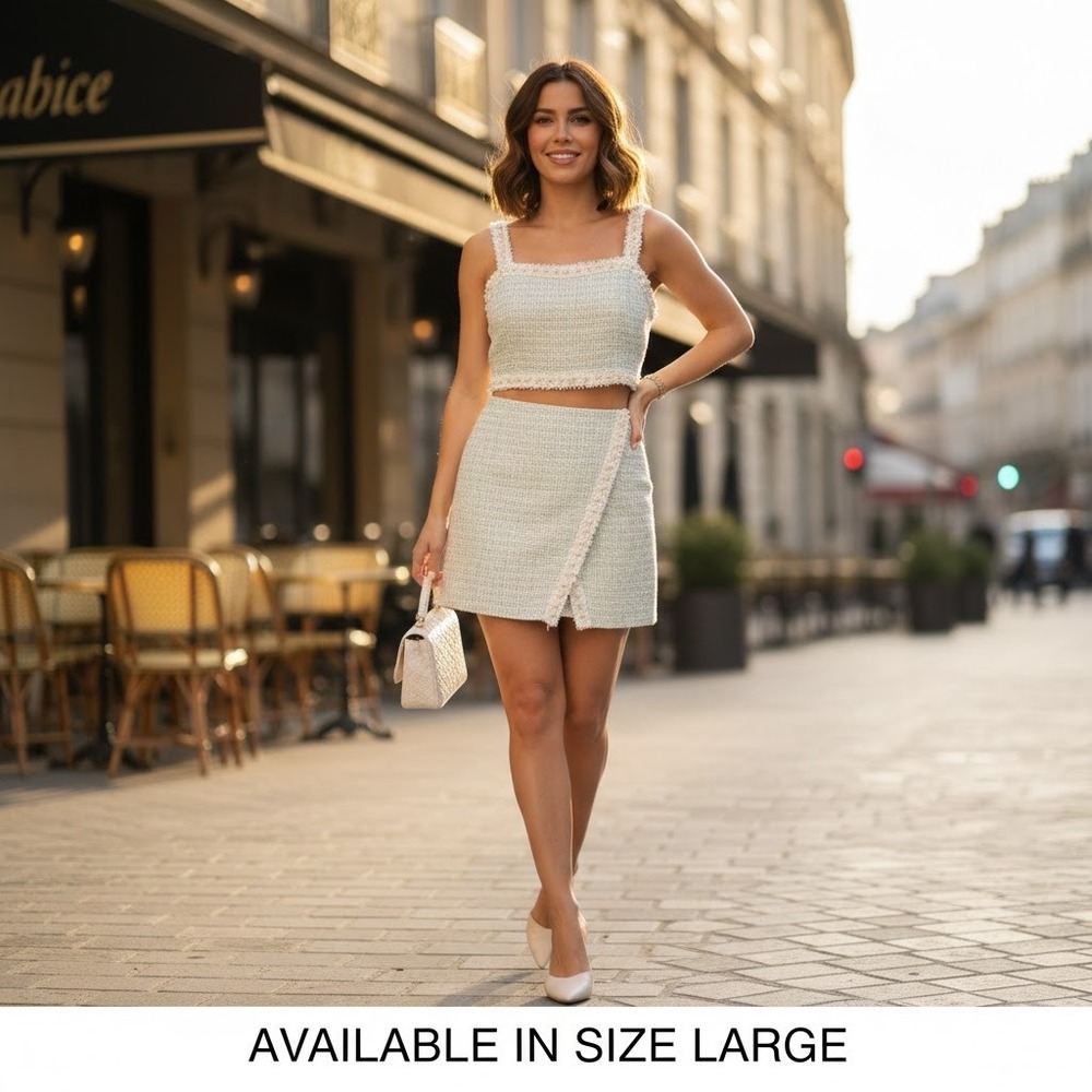 SHEIN Tweed Crop Top Mini Skirt Set Pearl Trim Pastel Green Beige Tan Size Large